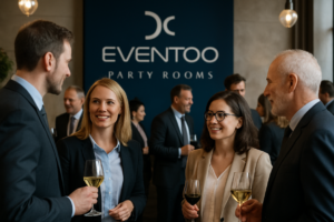 Professionals mingling and networking in a stylish private reception space at Eventoo NYC