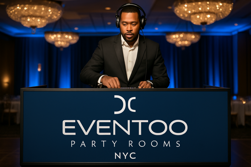 Professional DJ booth playing corporate event walk-on music at Eventoo NYC.